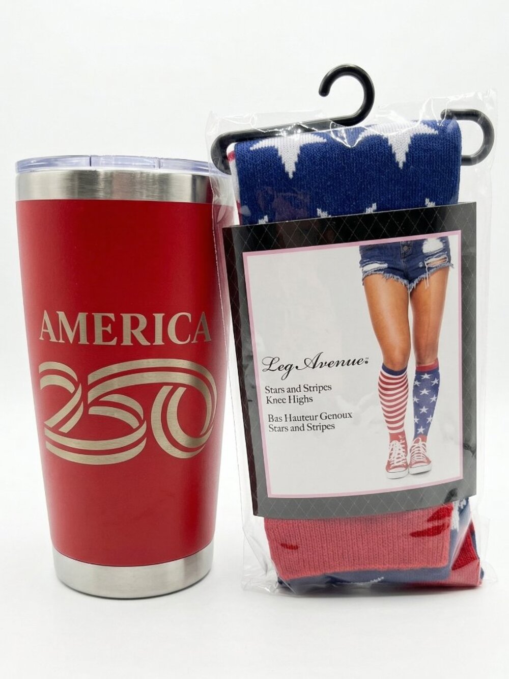 America 250th Anniversary Set Red 20oz Tumbler & Stars Stripes Knee High Socks